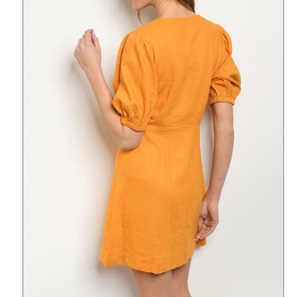 Gold saffron Short V-neck button linen blend dress - Picture 2 of 8